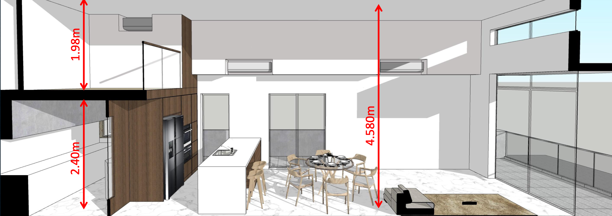 Diagram of the living and dining area ceiling height and furniture loft