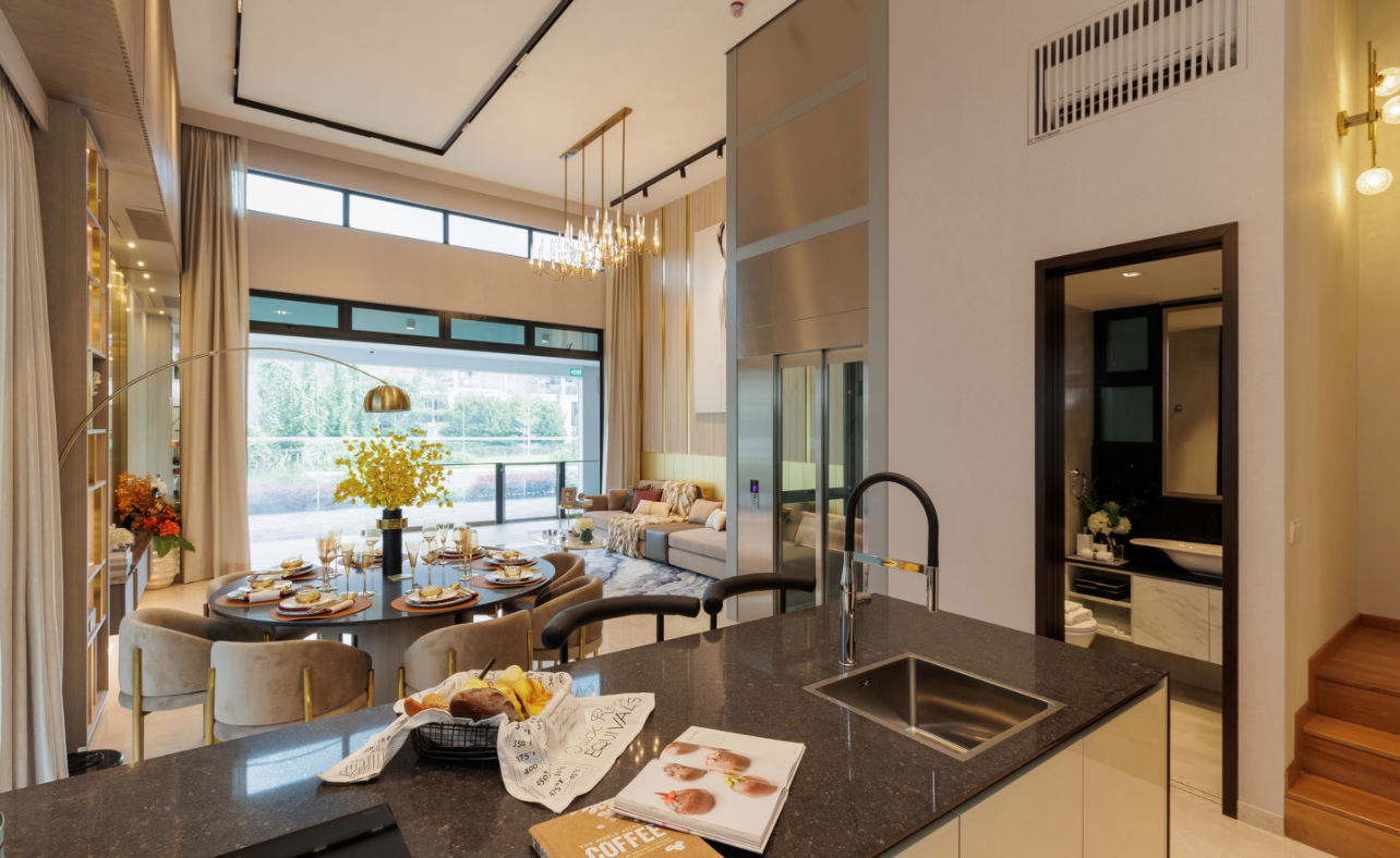Type B living room, dining area, dry kitchen, private lift and powder room